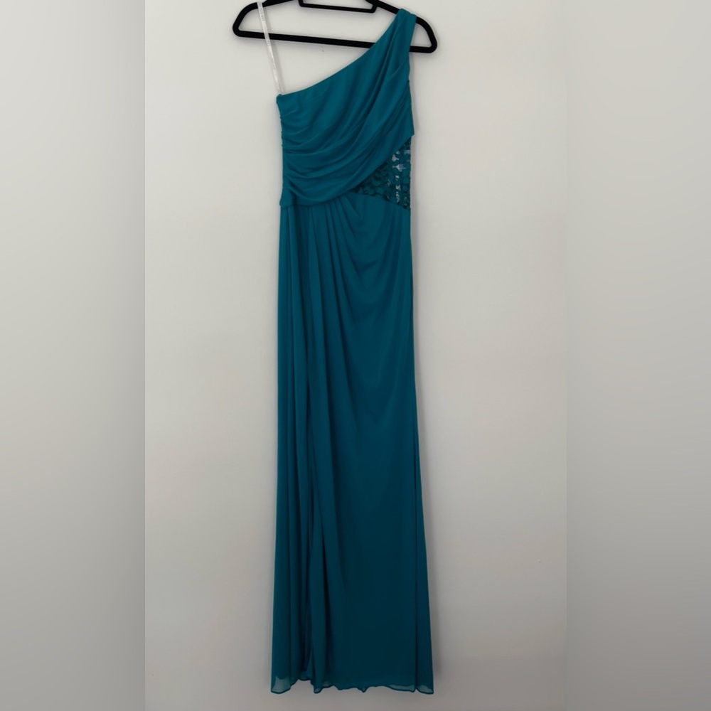 David's Bridal Teal One Shoulder Bridesmaid Dress